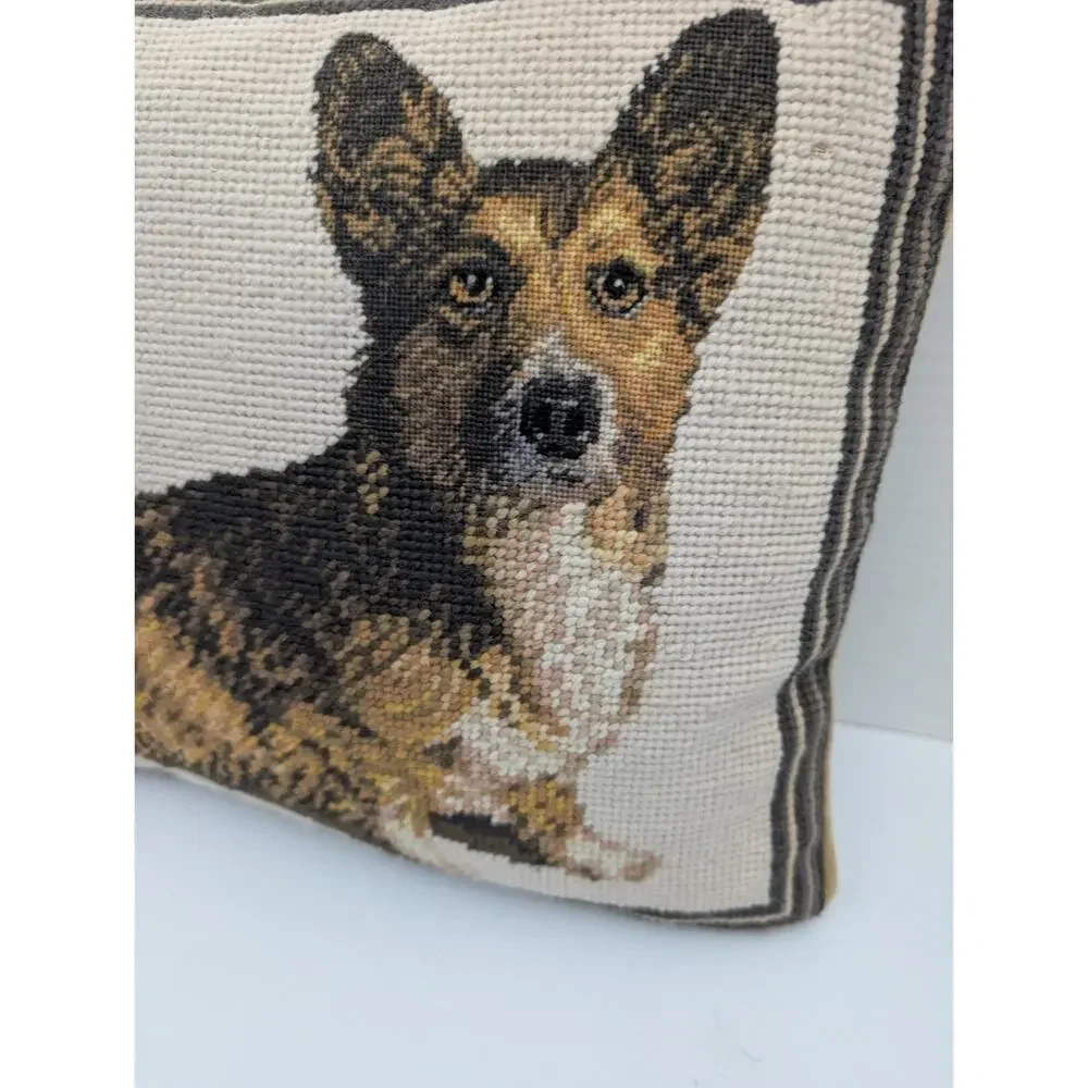 Vintage Cardigan Welsh Corgi Needlepoint Dog Pillow Brindle Hand Stitched